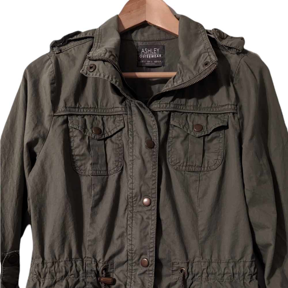 Ashley International Military Cotton Olive Zip Pull Tab Elastic Utility Jacket - Picture 2 of 15